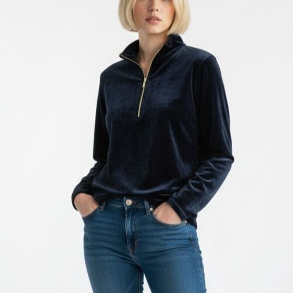 Sno Skins Velour Mock Neck Zip Long Sleeve Top Women Medium Navy Blue Velvet USA